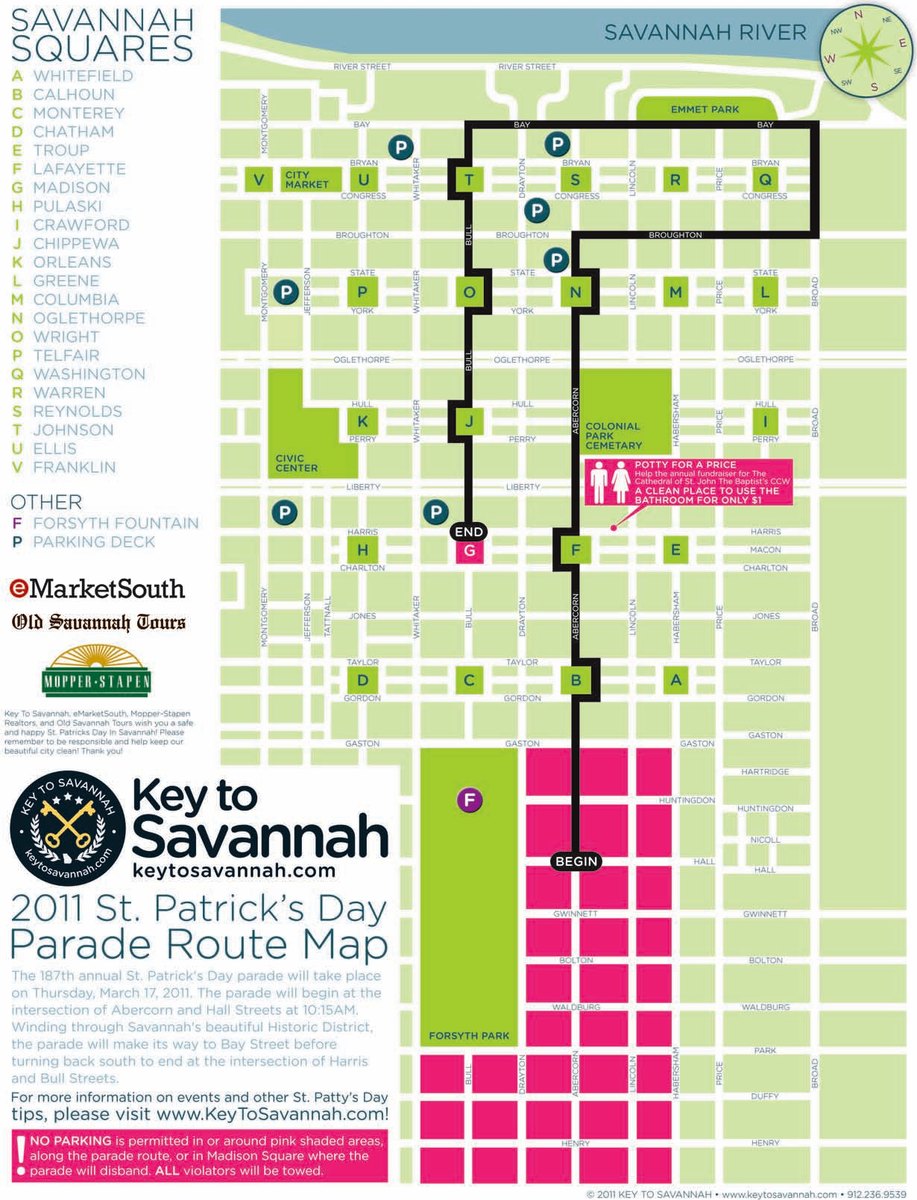 The 2011 St. Patrick's Day Parade Route Map: the parade path drawn through the downtown grid in green and pink, with a list of Savannah squares and the Key to Savannah seal