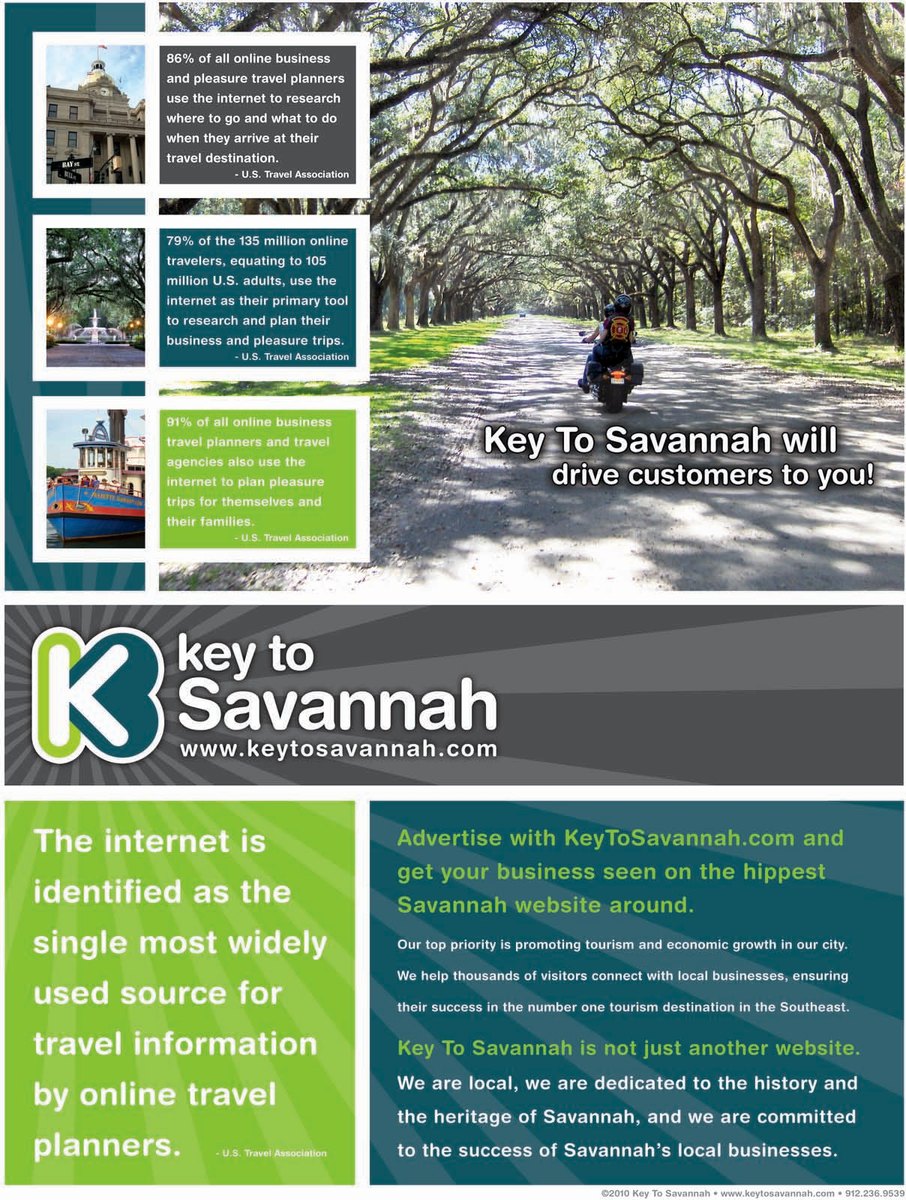 Advertiser flyer: a road under an arch of live oaks, with the Key to Savannah logo and green panels on why local businesses should advertise online