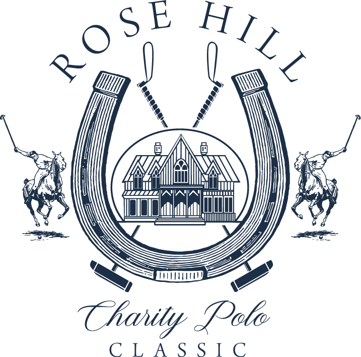 Rose Hill Charity Polo Classic crest: the mansion inside a horseshoe between two polo players