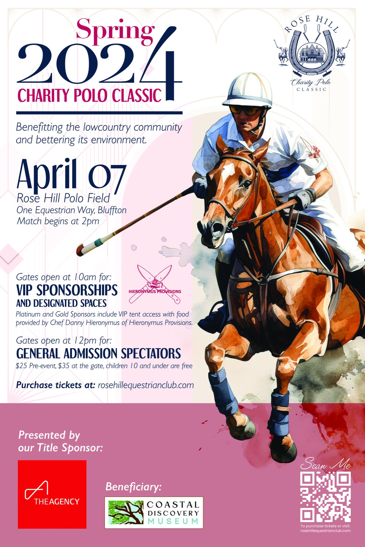 Spring 2024 Charity Polo Classic poster: a watercolor polo rider, the April 7 date, gate times, the title sponsor, and the Coastal Discovery Museum as beneficiary