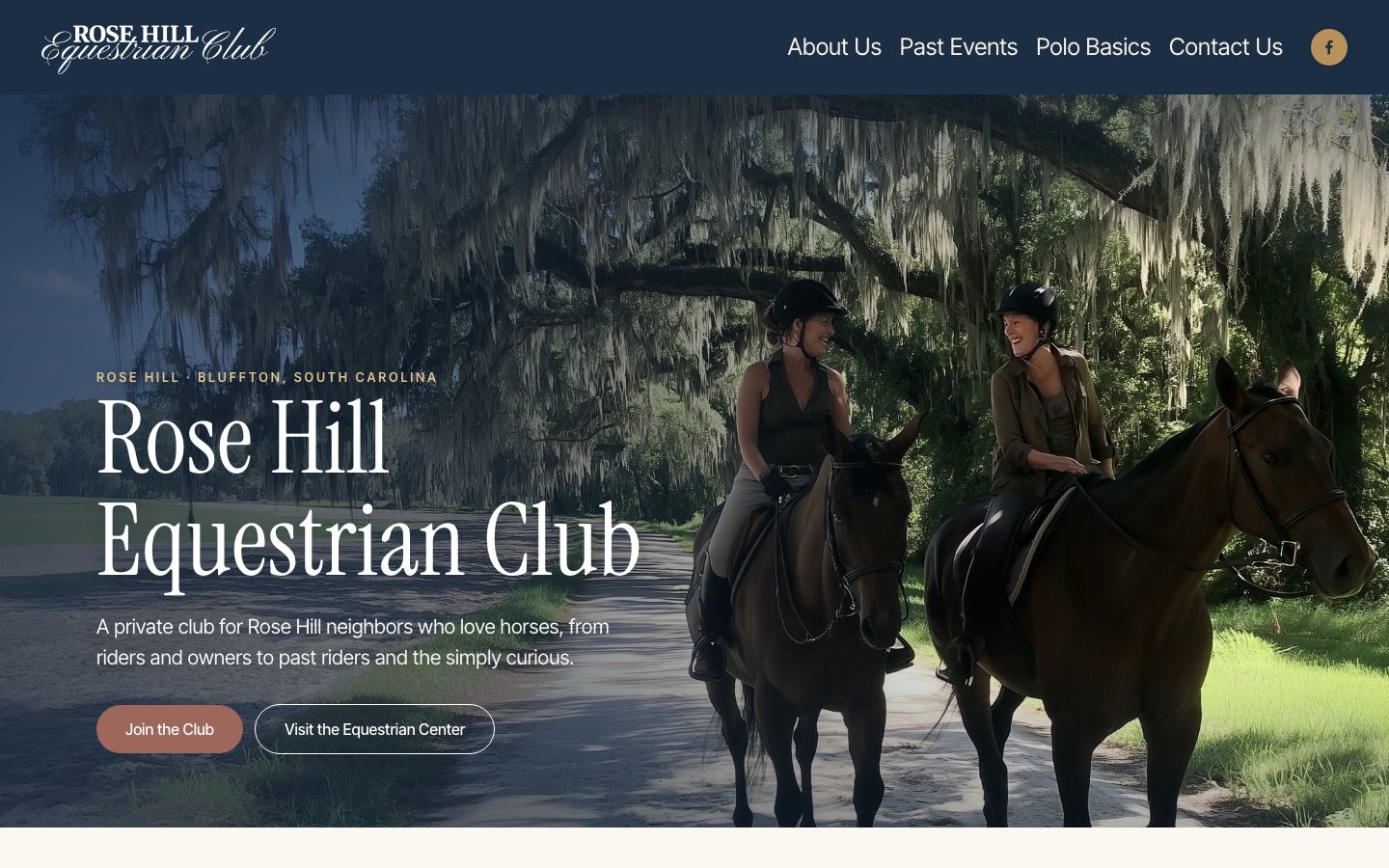 rosehillequestrianclub.com homepage: two riders under live oaks beneath the Rose Hill Equestrian Club headline