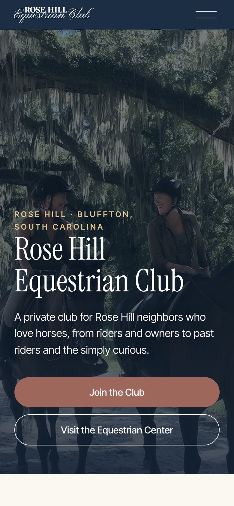 Rose Hill Equestrian Club homepage on a phone
