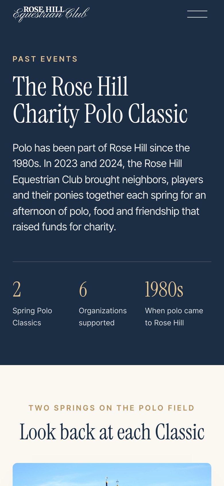 Past Events page on a phone: The Rose Hill Charity Polo Classic