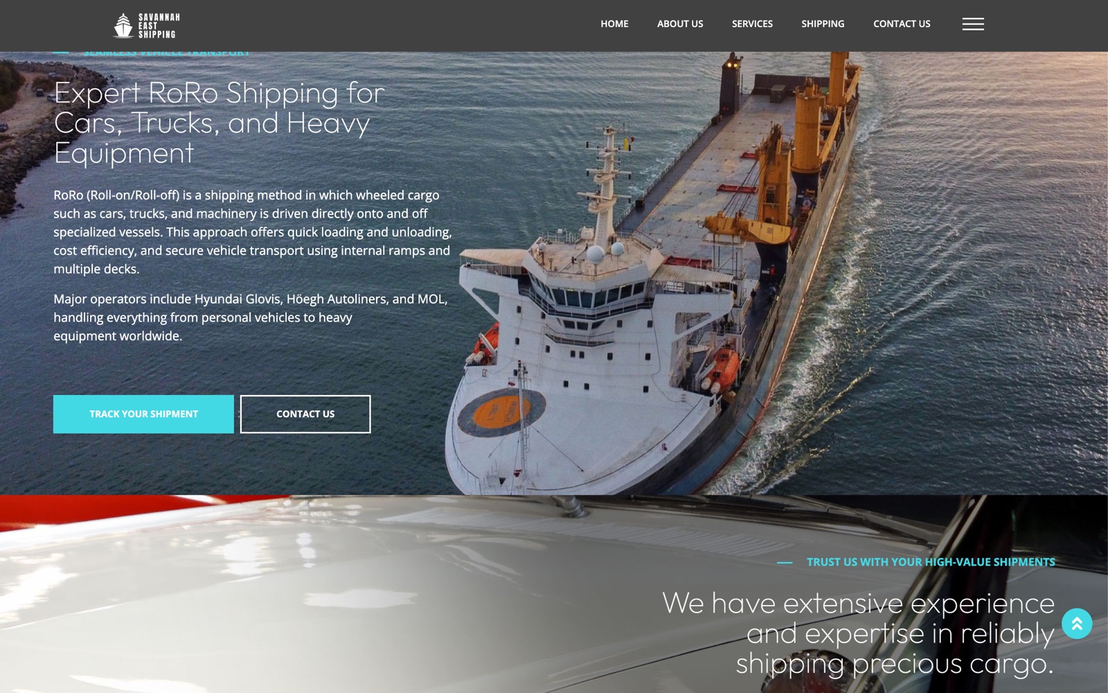 Expert Ro-Ro shipping for cars, trucks, and heavy equipment, beside a car carrier at sea