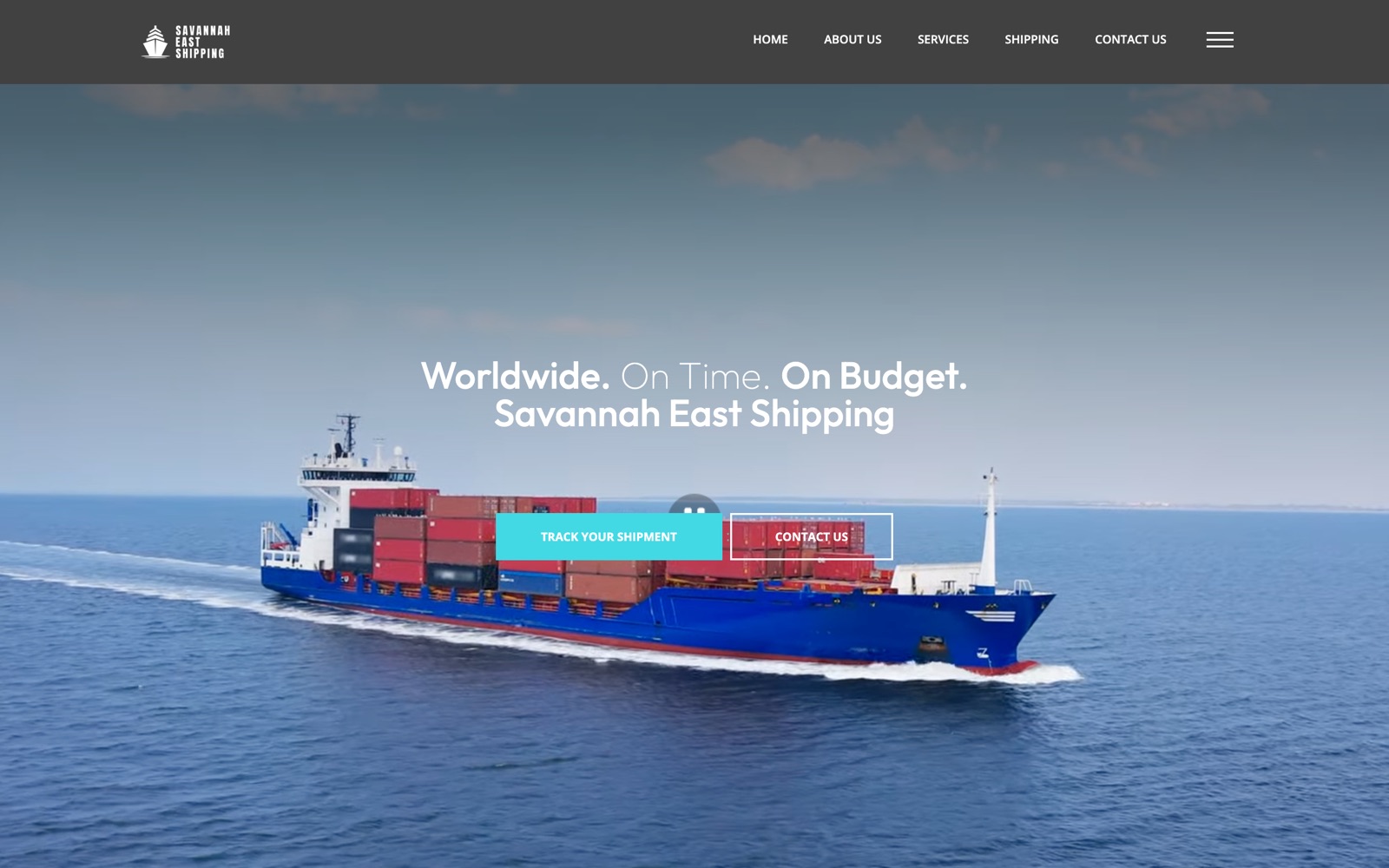 savannah-east.com homepage: Worldwide. On Time. On Budget., over a container ship at sea