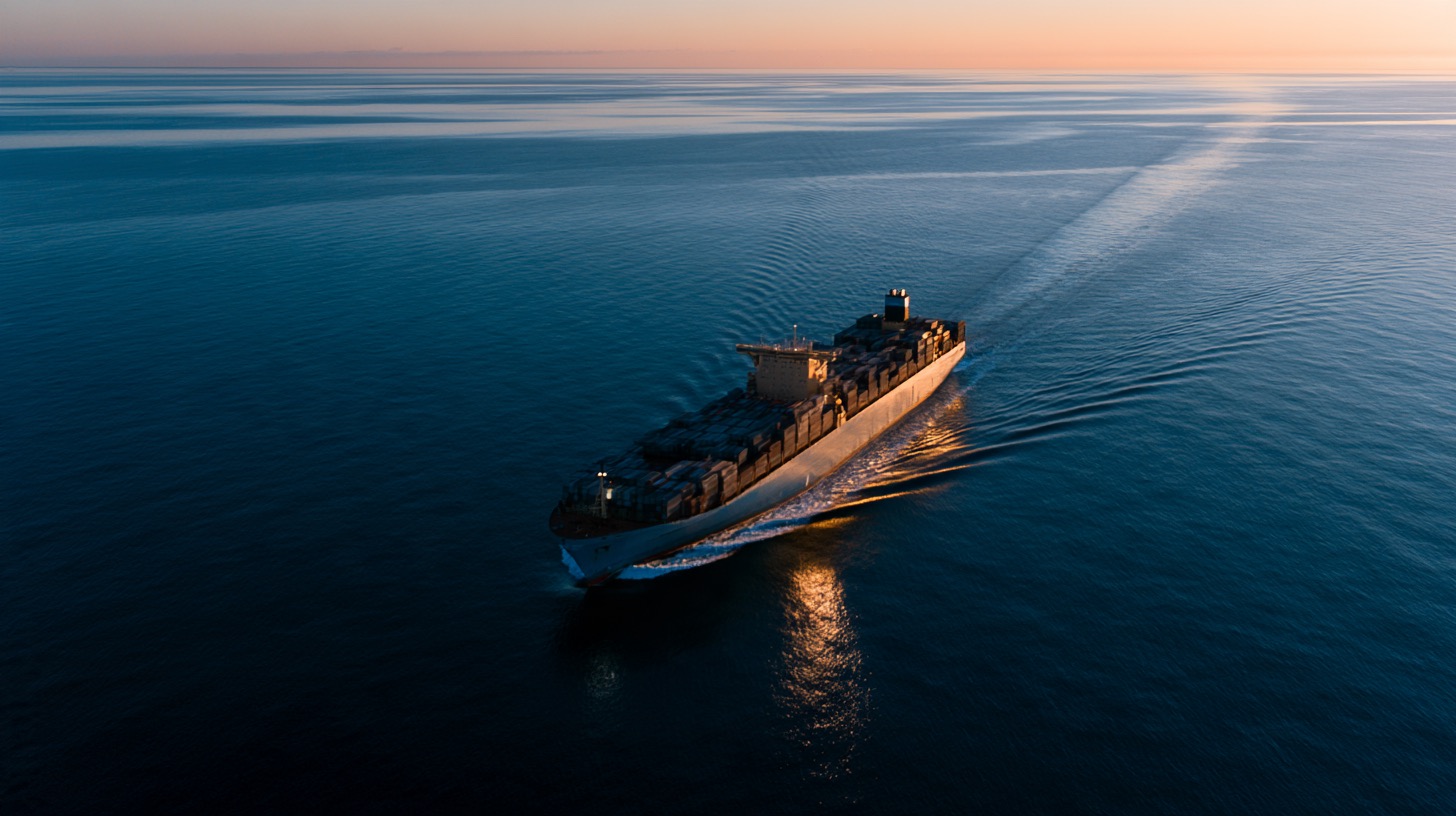 A container ship crossing the open ocean at dusk, with a long calm wake
