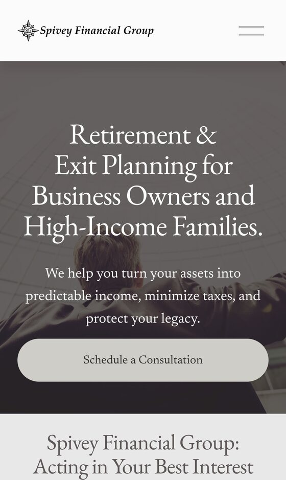 Spivey Financial Group homepage on a phone